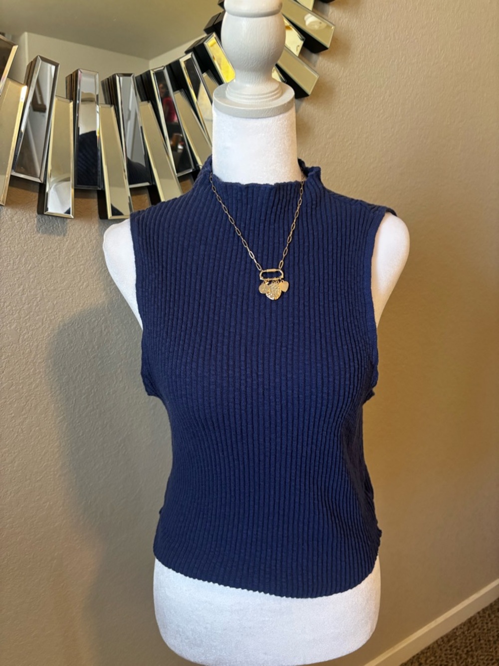 T.La Navy Ribbed Mock Neck Tank